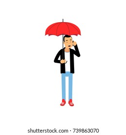 Young man talking on phone while standing under red umbrella vector illustration