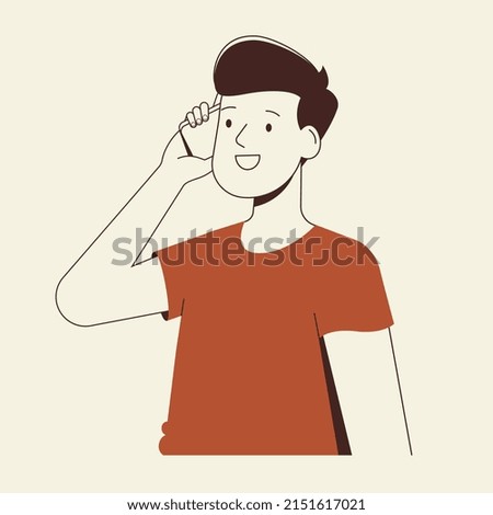 Young man is talking on the phone and smiling. Minimalist flat vector illustration.
