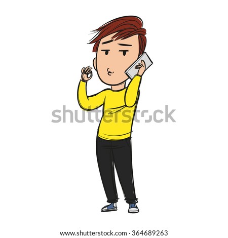 Young man talking on the phone, puckering lips and making OK sign as if giving a guarantee or approving high quality or fine solution of a problem, cartoon