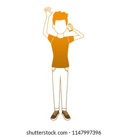 Young man talking on smartphone faceless orange lines
