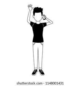 Young man talking on smartphone faceless in black and white