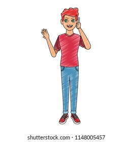 Young man talking on smartphone scribble