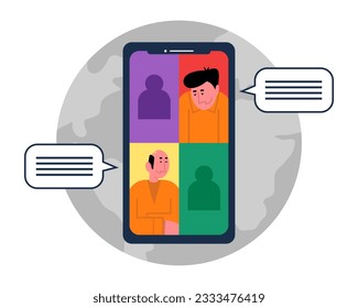 Young man talking on video call with dad, using smartphone. Modern communication technologies, messenger. Communication at distance, video call. Flat vector illustration in cartoon style