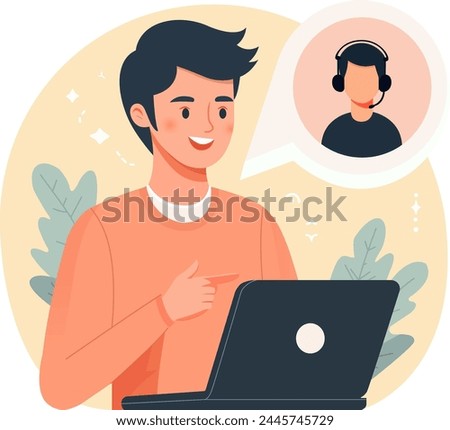 Young man talking online from speech bubble, vector illustration of a conversation with focus on one person coach or mentor, online dialogue, video speaker, social media commentator.
