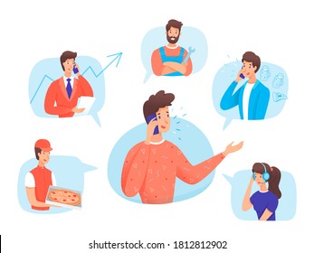 Young man talking phone with different people. Guy ordering pizza delivery and repairman service, having business conversation or consultation, speaking with friend and operator call center. Vector