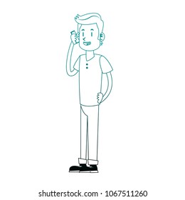 Young man talking with smartphone on blue lines
