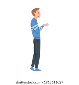 Young Man Talking to Someone and Gesturing, Male Person Talking or Sharing Impressions Cartoon Style Vector Illustration