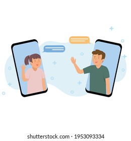 Young man talking video call to a friend, People communicating video conference for work, social distancing, cartoon characters