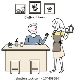 Young man talking to waitress in cafe. Cheerful waitress taking order from male client in coffee shop. Happy young man making an order to smiling waitress at restaurant. Hand-drawn vector.