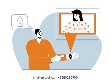 Young man talks to a projection of a person that appears from a bracelet on a video call.