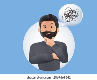 Young man with tangled thoughts. Business problem solving concept, online communication problem and question resolution. 3d vector people character illustration. Messy clew, Brainstorming, solution