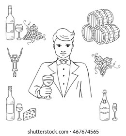 Young man tasting a glass of  wine vector illustration hand drawn doodle sketch. Wine and wine making set  sommelier, bottles, glasses,  grapes,  cheese, champagne,  barrels, corkscrew.