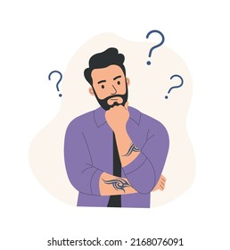 Joven tatuado rodeado de un signo de interrogación. Ilustración vectorial de dibujos animados de estilo plano. 