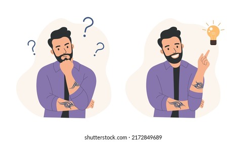 Young man with tattoo surrounded by a question mark and  finding new idea. Shiny light bulb.Flat style cartoon vector illustration. 