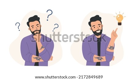Young man with tattoo surrounded by a question mark and  finding new idea. Shiny light bulb.Flat style cartoon vector illustration. 