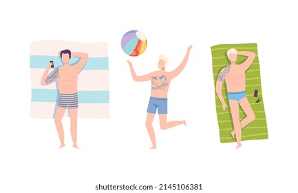 Young Man with Tattoo Wearing Swimming Suit Lying on Blanket on Beach and Playing Ball Vector Set