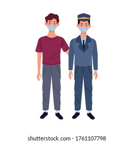 young man and taxi driver using medical mask vector illustration design