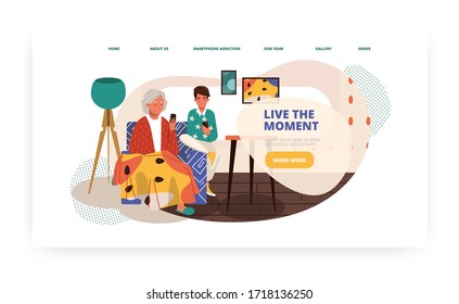 Young man teach senior woman to use phone. Digital technology and mobile phone addiction concept illustration. Vector web site design template. Landing page website illustration.