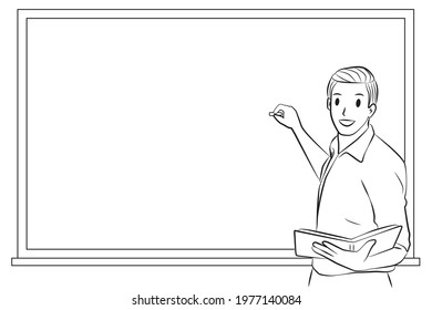 young man teacher explain write on the board and holding book line art vector illustration