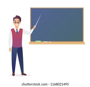 Young man teacher standing in front of blank school blackboard vector illustration. Cute cartoon school male teacher in glasses in trendy gradient color.