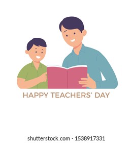 young man as a teacher teaches boys to learn or read from books, the concept of vector illustration characters haapy teacher's day