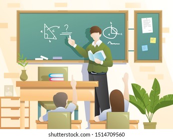 Young man teacher work with students in school lesson concept. Students schooling vector illustration. Student learn in classroom cartoon vector illustration