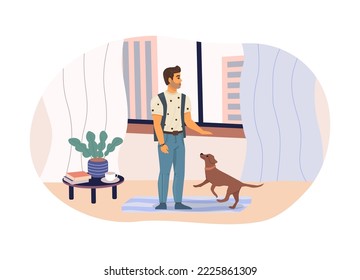 Joven enseñando a su perro órdenes básicas en casa. Icono de color de entrenamiento de perros. El tipo entrenando y jugando con animales de compañía. Propietario de mascotas y actividades de perros, cartografía de concepto de amistad vector