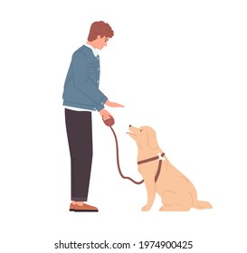 Young man teaching and training his dog to sit by hand gesture command. Well-behaved doggy and pet owner. Person coaching obedient puppy. Colored flat vector illustration isolated on white background