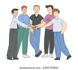 Young Man Team Putting Hands Together Gesture Vector Illustration