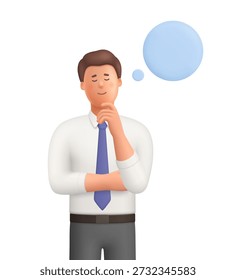 Young man Ted with closed eyes and hand on her chin, thinking and dreaming. Mind behavior, mental mindset, imaginative thinking concept. 3d vector people character. Cartoon minimal style.