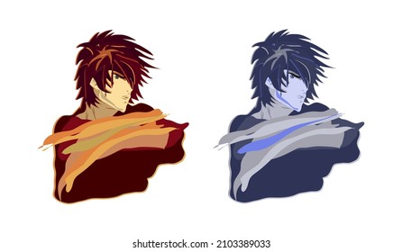 a young man, a teenager. anime style.hand-drawn.two color options.
vector illustration. print.eps10. isolated on a white background