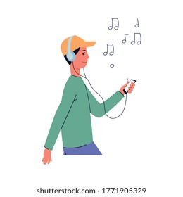 Young man or teenager boy cartoon character enjoying music in headphones, flat vector illustration isolated on white background. Musical fan in earphones personage.