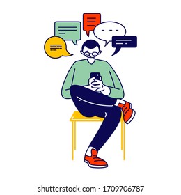 Young Man or Teenager Character Looking on Screen of Smartphone Writing Messages on Mobile Phone in Internet. Gadget Addiction, Bad Habits, Cellphone Communication Concept. Linear Vector Illustration