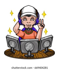 Young man teenager freelance programer designer use computer internet doing work also play game show peace. Vector modern style creative cartoon character design icon. Isolated on white background.
