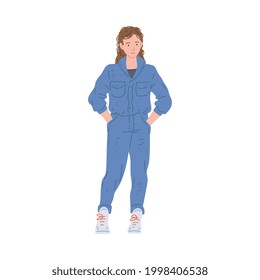 Young Man Or Teenager In Jumpsuit And White Sneakers In 80s Fashion, Flat Vector Illustration Isolated On White Background. Generation X Retro Male Character.