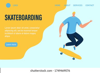 A young man or teenager rides a skateboard. Website homepage landing web page template. Flat vector illustration.