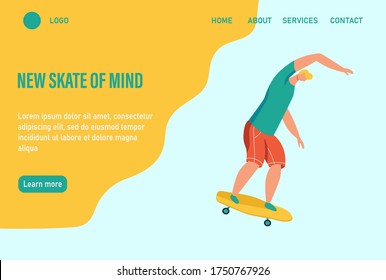 A young man or teenager rides a skateboard. Website homepage landing web page template. Flat vector illustration.