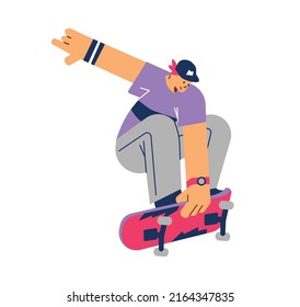 Young man or teenager riding skateboard, flat vector illustration isolated on white background. Modern street activity concept. Trendy cartoon character jumping with skateboard.