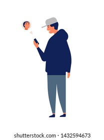 Young man or teenager wearing cap chatting online or texting on smartphone or mobile phone. Guy with gadget. Internet communication, instant messaging. Flat cartoon colorful vector illustration.