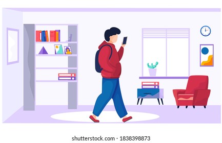 Young man with telephone is walking in a room or corridor with chair, window, bookcase, picture, clock on the wall. Flat vector illustration character indoors. Student with backpack and smartphone