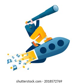 A young man with a telescope is flying on a rocket. Vector illustration about the search for a successful idea.