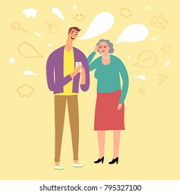 Young man telling grandmother how to use internet on gadgets. Vector illustration about technologies for your design.
