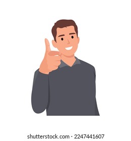 Young man telling You! and pointing finger at viewer with thumbs up. Flat vector illustration isolated on white background