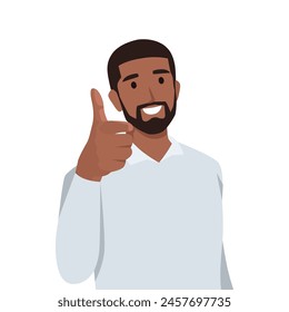 Young man telling You! and pointing finger at viewer. Flat vector illustration isolated on white background
