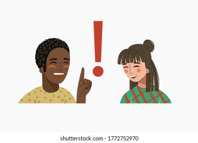 The young man tells the girl something important. Note! 
Exclamation point. Flat cartoon illustration.