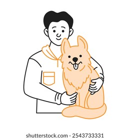 Hombre joven abraza tiernamente lindo perro de jengibre color icono lineal. Alegre dueño masculino de la mascota con la ilustración simple del garabato animal doméstico amado