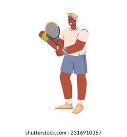 Young man tennis player standing with green ball and racket flat style, vector illustration isolated on white background. Decorative design element, sport and hobby, active lifestyle