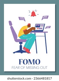 Young man tension sitting in laptop. FOMO fear of missing out vector flat poster. Negative phenomenon of social addiction to gadgets. Psychological syndrome leading to personal discomfort