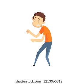 Young man with terrified face expression, emotional guy afraid of something vector Illustration on a white background