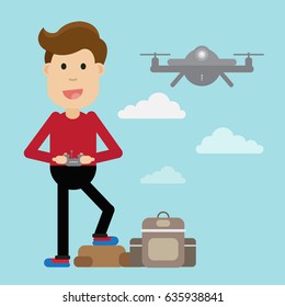 Young man test or play drone. 